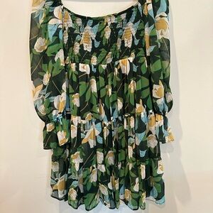 Floral Chiffon Smocked  Dress - Green and Yellow